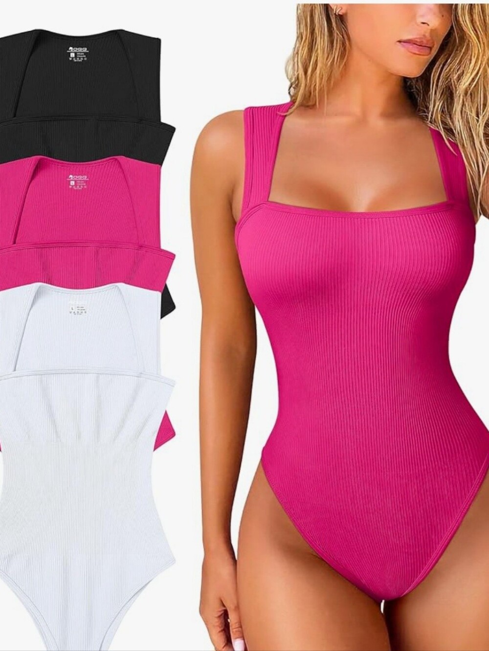 OQQ Women's 3 Piece Bodysuits Ribbed Square Neck Sleeveless Tummy Control Medium
